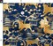 Year Toile Chinoiserie Lunar Japanese Pagoda Gold Blue Chinese Spring Landscape Custom Printed Fabric by Spoonflower Various Fabrics by the Yard or Fat Quarter